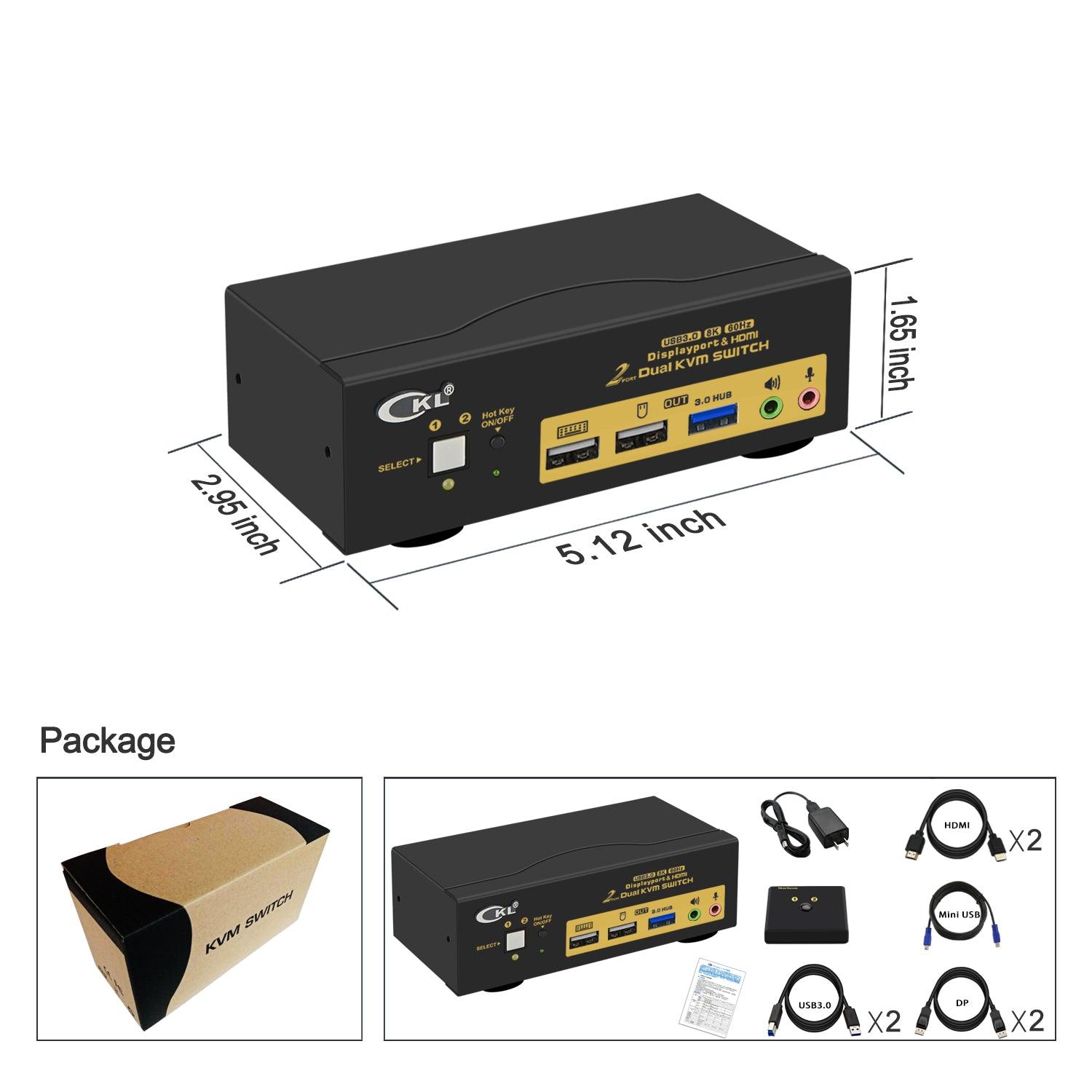 CKL 2 Port USB 3.0 KVM Switch Dual Monitor HDMI 2.0 4K@60Hz(HDMI Out) + DisplayPort 1.4 8K 30Hz 4K 120Hz 144Hz (DP Out), Keyboard Video Mouse Peripherals Switcher for 2 Computers 2 Monitors with Audio (622DH-4) - CKL KVM Switches