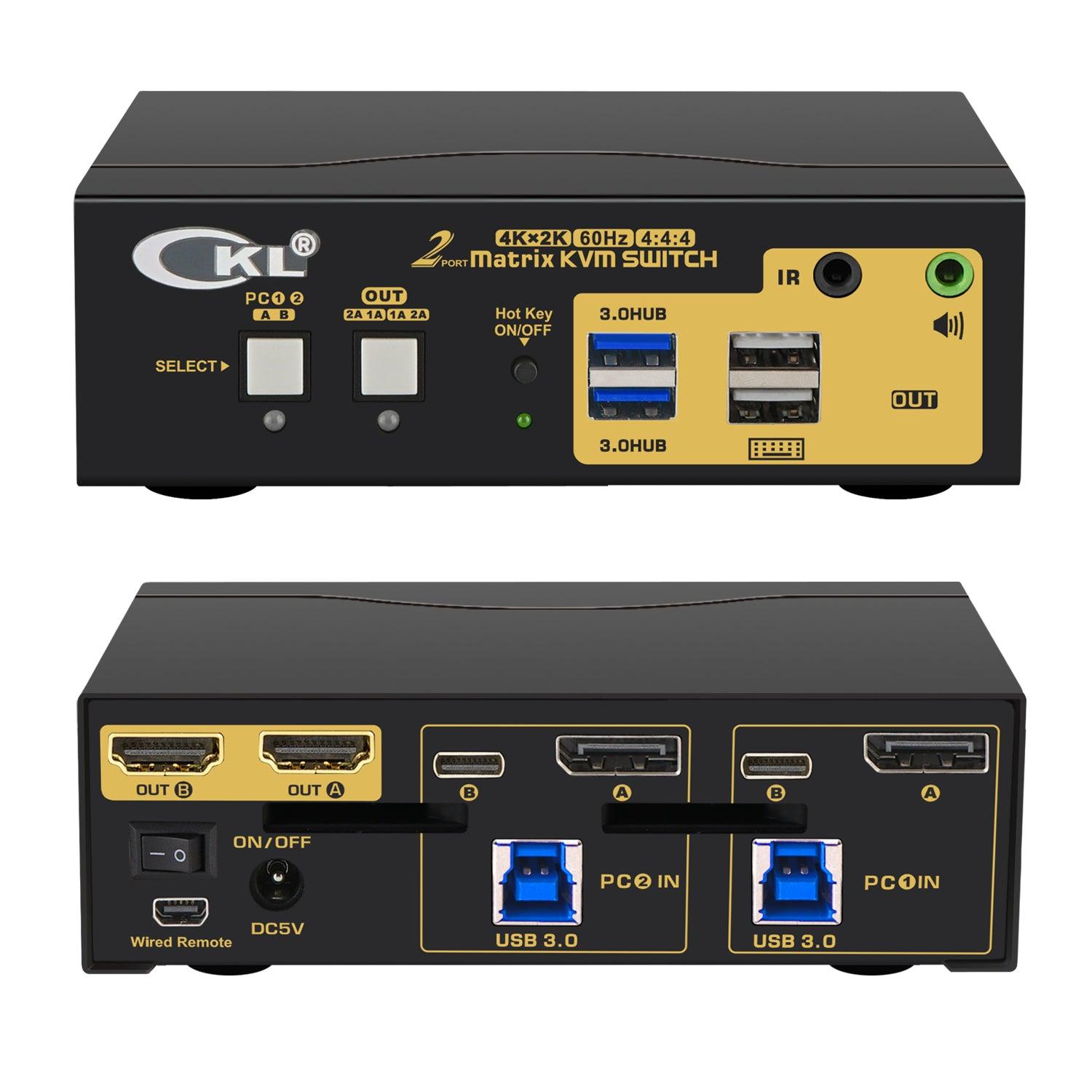CKL 2x2 Matrix USB Type C +DisplayPort KVM Switch Dual Monitor USB 3.0 4K 60Hz, PC Monitor Keyboard Mouse Peripherals Sharing Box with Cables for 2 Computers or Laptops CKL-622TD-M - CKL KVM Switches