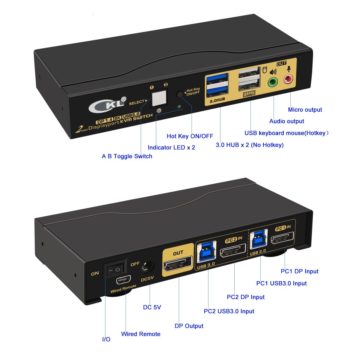 2 Port USB 3.0 KVM Switch Single Monitor DisplayPort 1.4 8K@30Hz 4K@144Hz for 2 Computers 1 Monitors CKL-62DP-4 - CKL KVM Switches