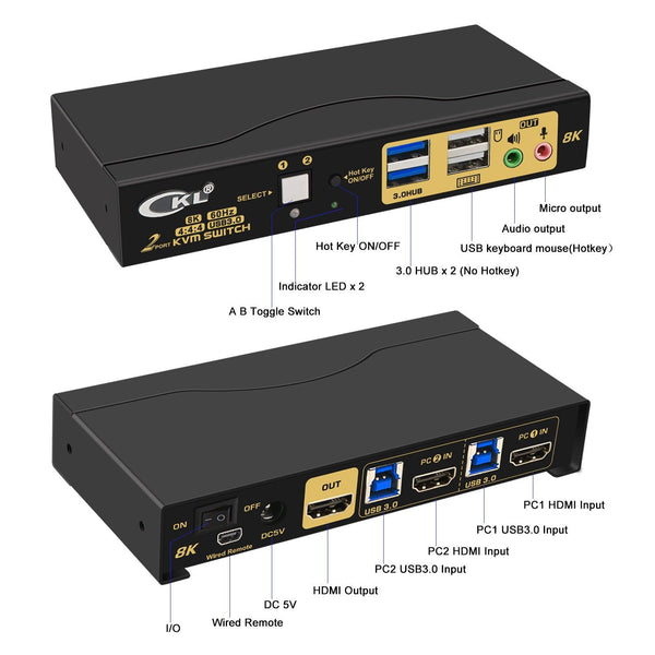 2 Port USB 3.0 KVM Switch Single Monitor HDMI 2.1 8K@60Hz 4K@144Hz for 2 Computers 1 Monitors CKL-62HUA-4