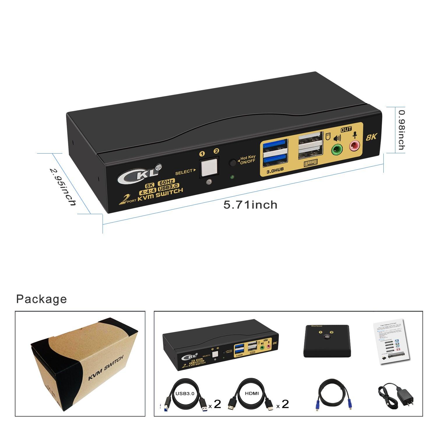 2 Port USB 3.0 KVM Switch Single Monitor HDMI 2.1 8K@60Hz 4K@144Hz for