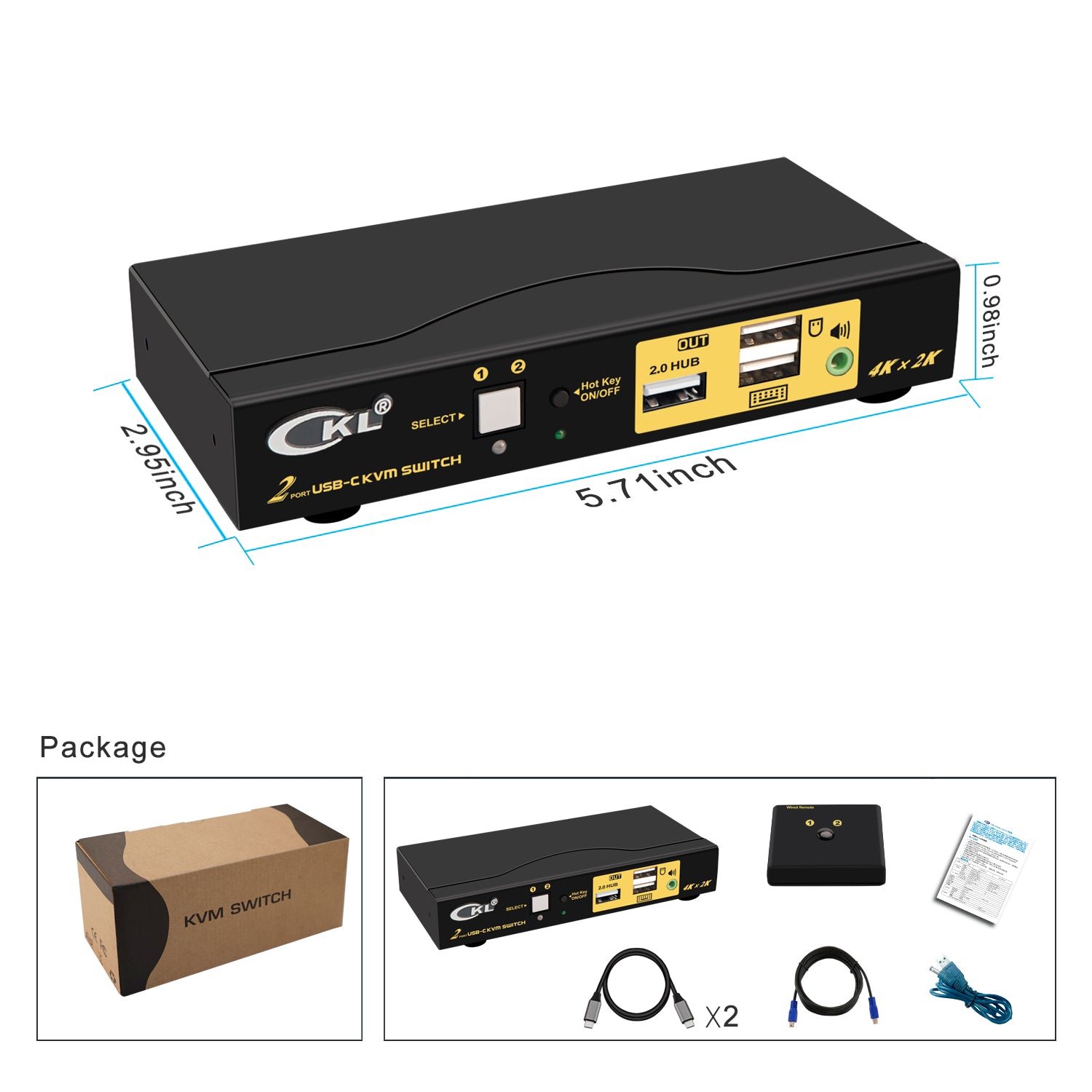 CKL 2 Port USB-C KVM Switch with Cable Support Windows 10, Mac OS 10, Android 9.0 or Above