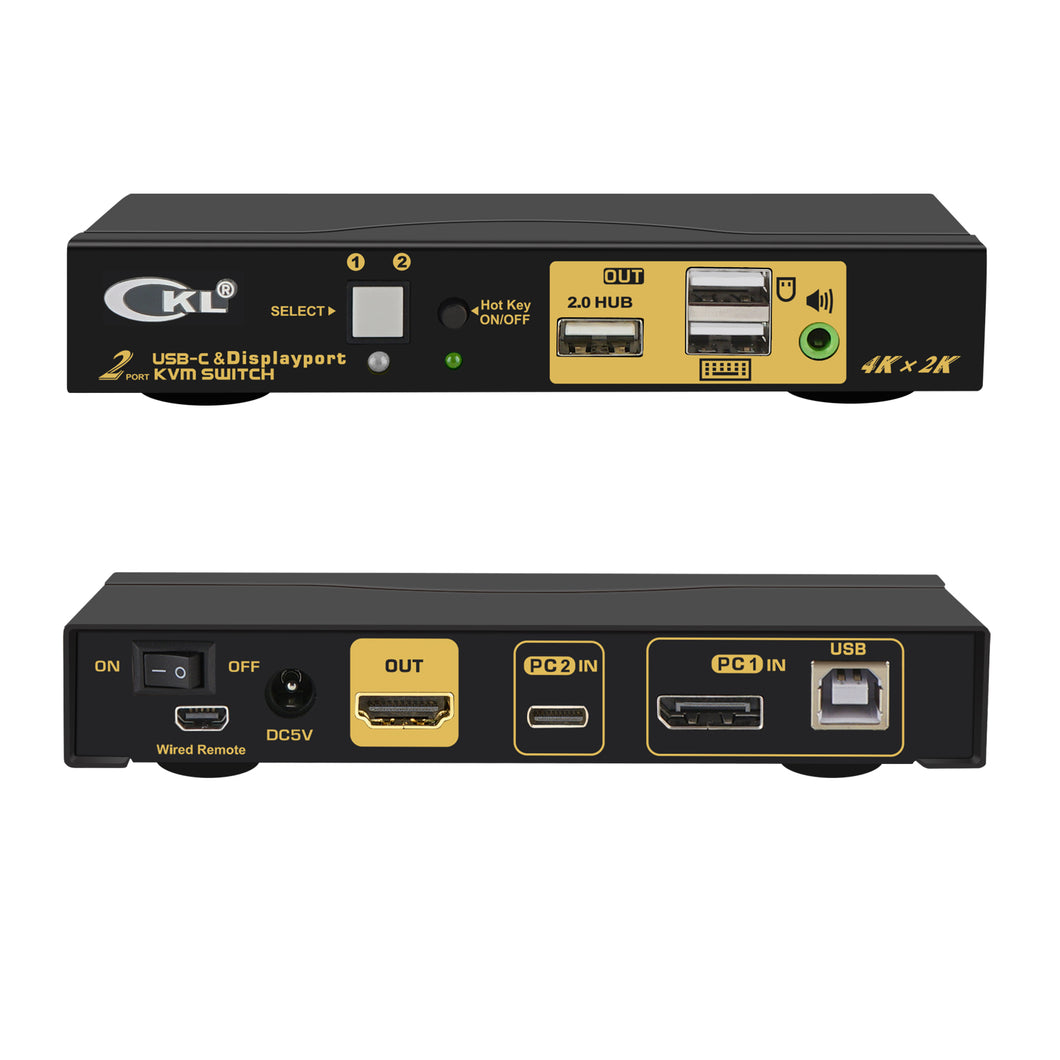 CKL 2 Port USB Type C +DisplayPort  KVM Switch 4K 60Hz for 2 Computers Sharing 1 Monitor, Keyboard and Mouse, with Audio Support and Cables CKL-62TD