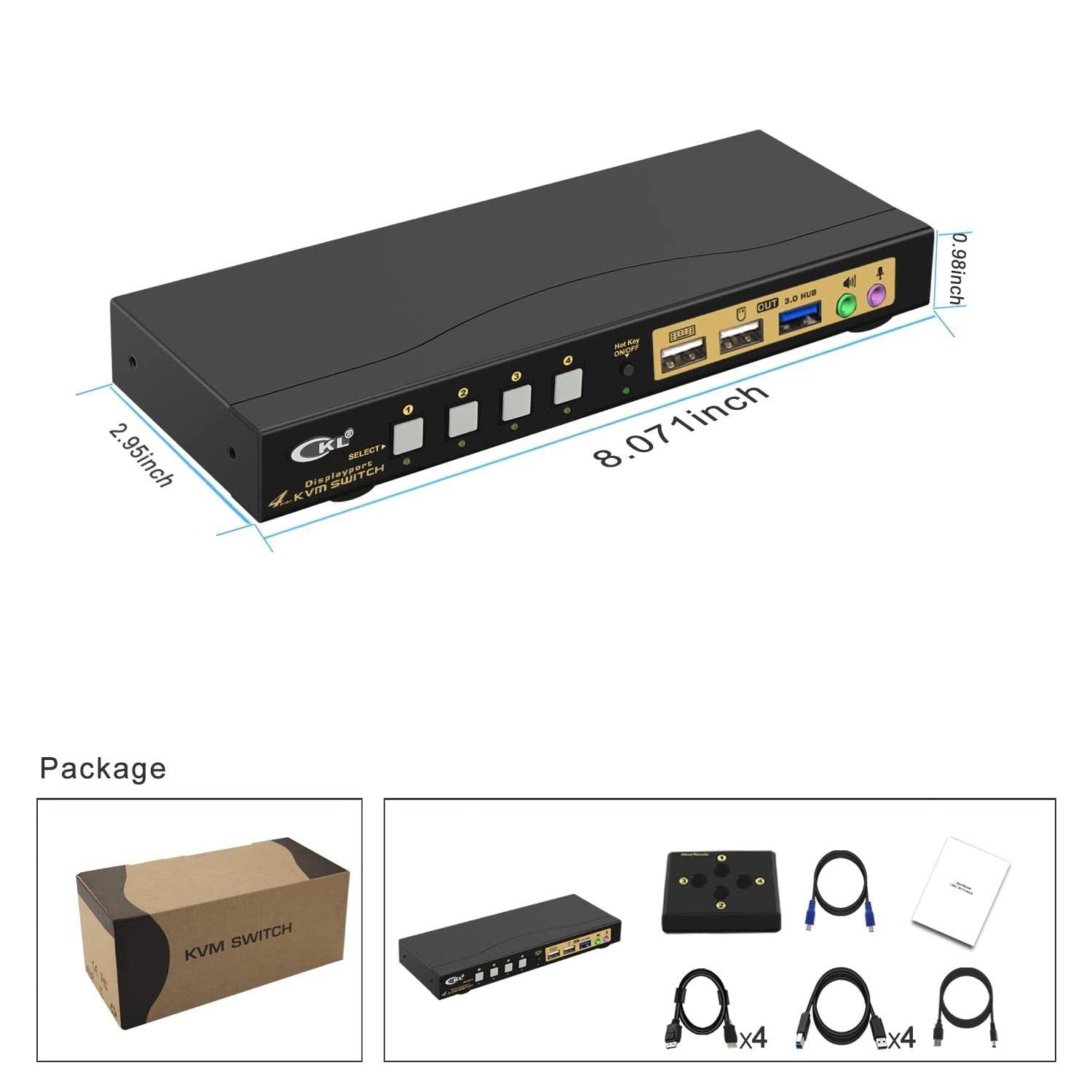 CKL 4 Port USB 3.0 KVM Switch DisplayPort 1.4 4K@144Hz 8K@30Hz for 4 Computers 1 Monitor, PC Screen Keyboard Mouse Peripheral Audio Sharing Selector Box with All Cables (64DP-4) - CKL KVM Switches