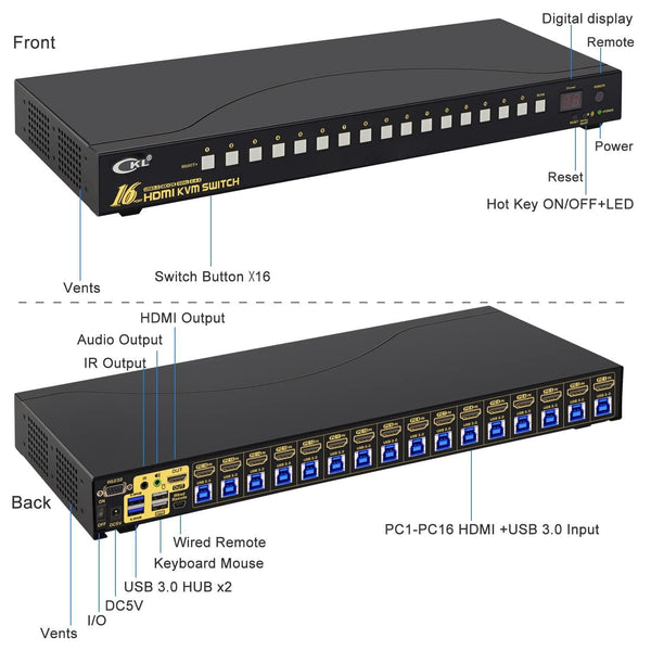 CKL 16 Port Rack Mount USB 3.0 KVM Switch HDMI 4K@60Hz with Audio, Cables and 2 Extra USB 3.0 Hub for 16 Computers Sharing Single Monitor (CKL-9116H-3)