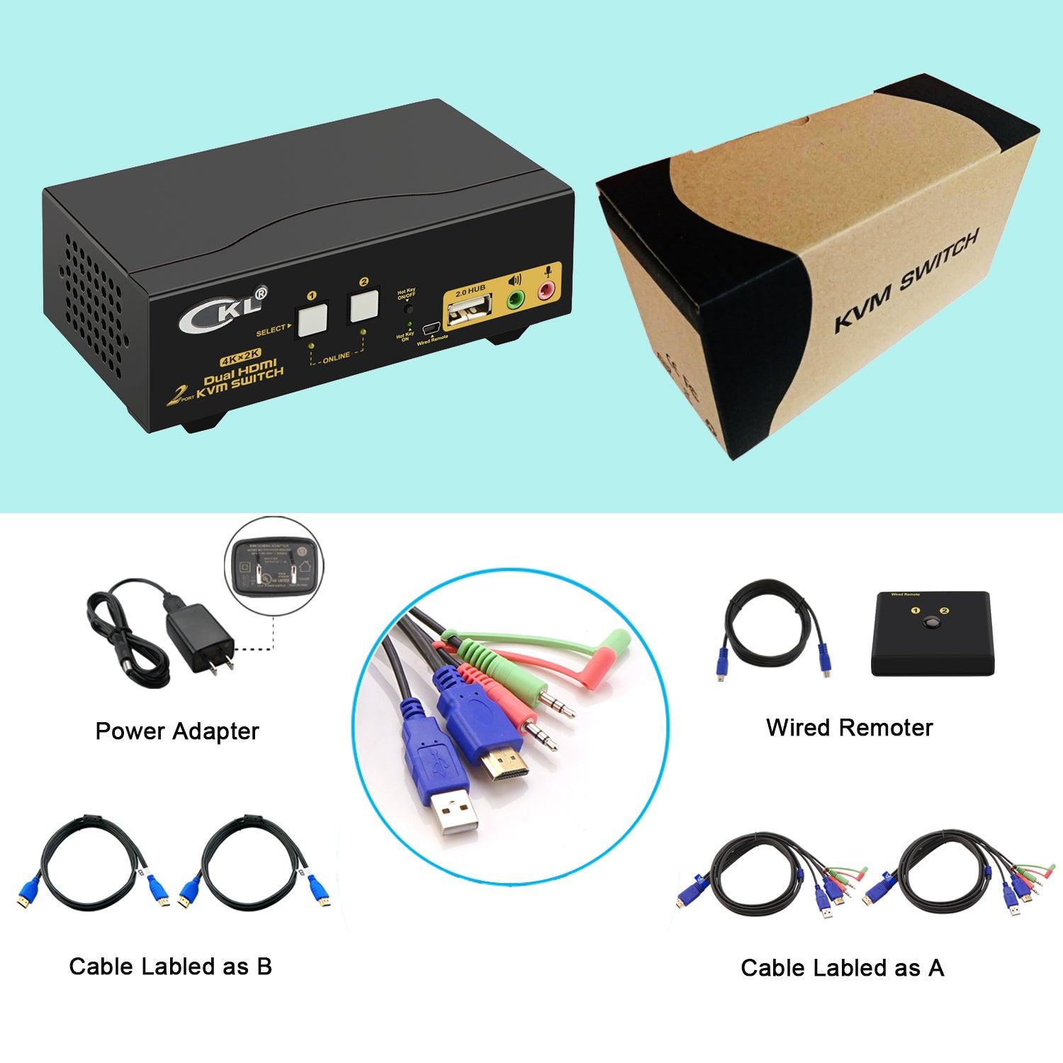 Switch KVM HDMI 2 Porte Con Doppio Monitor 4K@30Hz, Audio E USB 2.0 Hub, Supporto Display Esteso, 5 Modalità Di Commutazione, Plug-and-Play