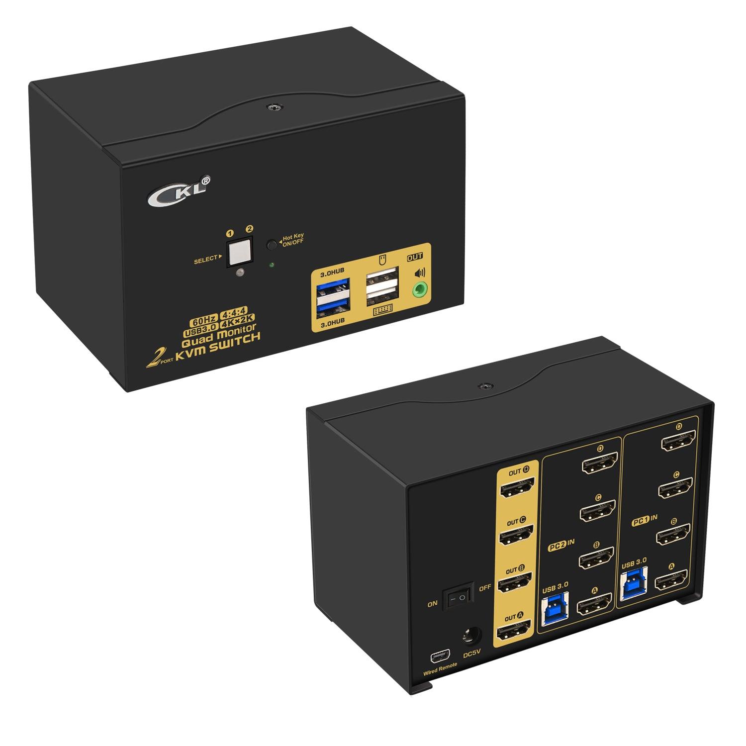 CKL 2 Port USB 3.0 KVM Switch 4 Monitors HDMI 4K 60Hz, Keyboard Video Mouse Peripherals Switcher for 2 Computers 4 Monitors with Audio CKL-924HUA-3 - CKL KVM Switches