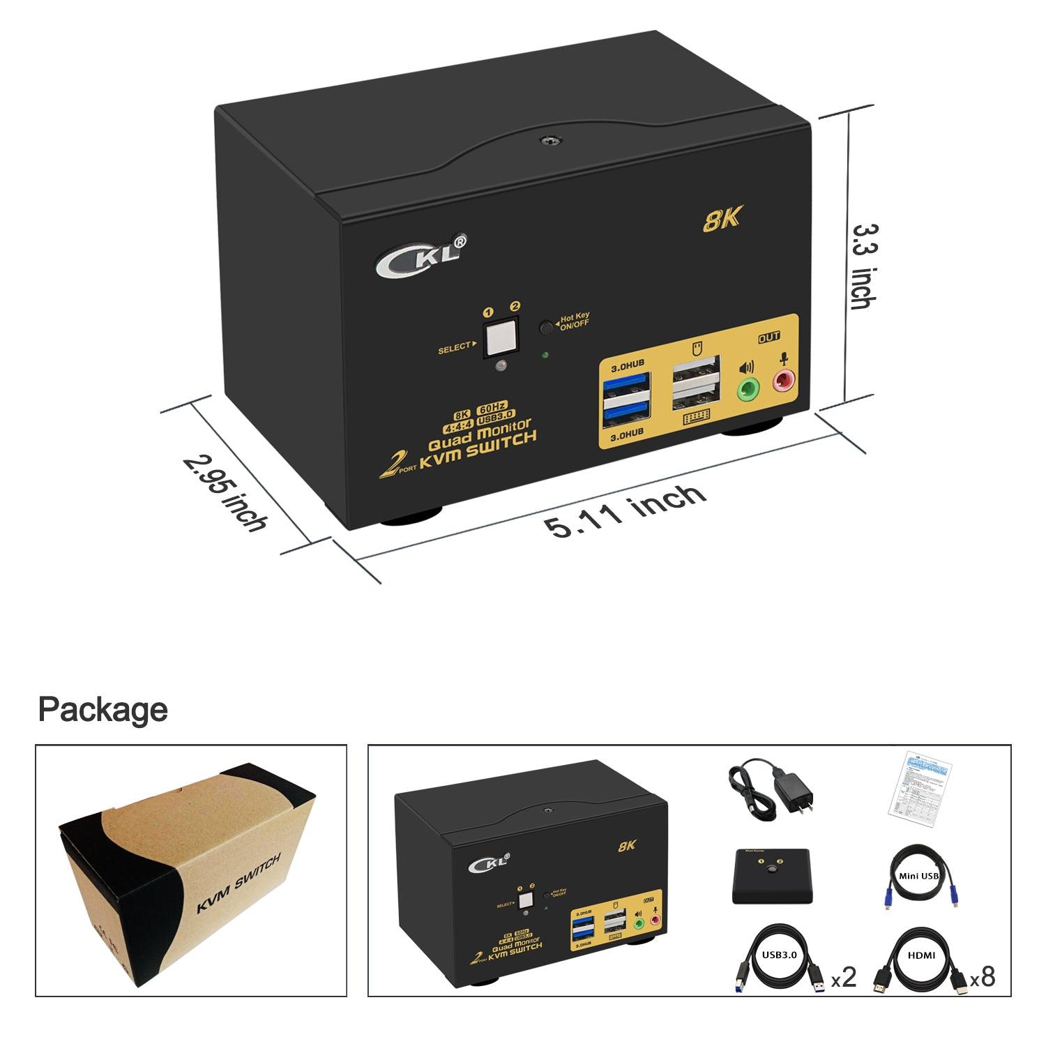 2 Port USB 3.0 KVM Switch Quad Monitor HDMI 2.1 8K@60Hz 4K@144Hz for 2